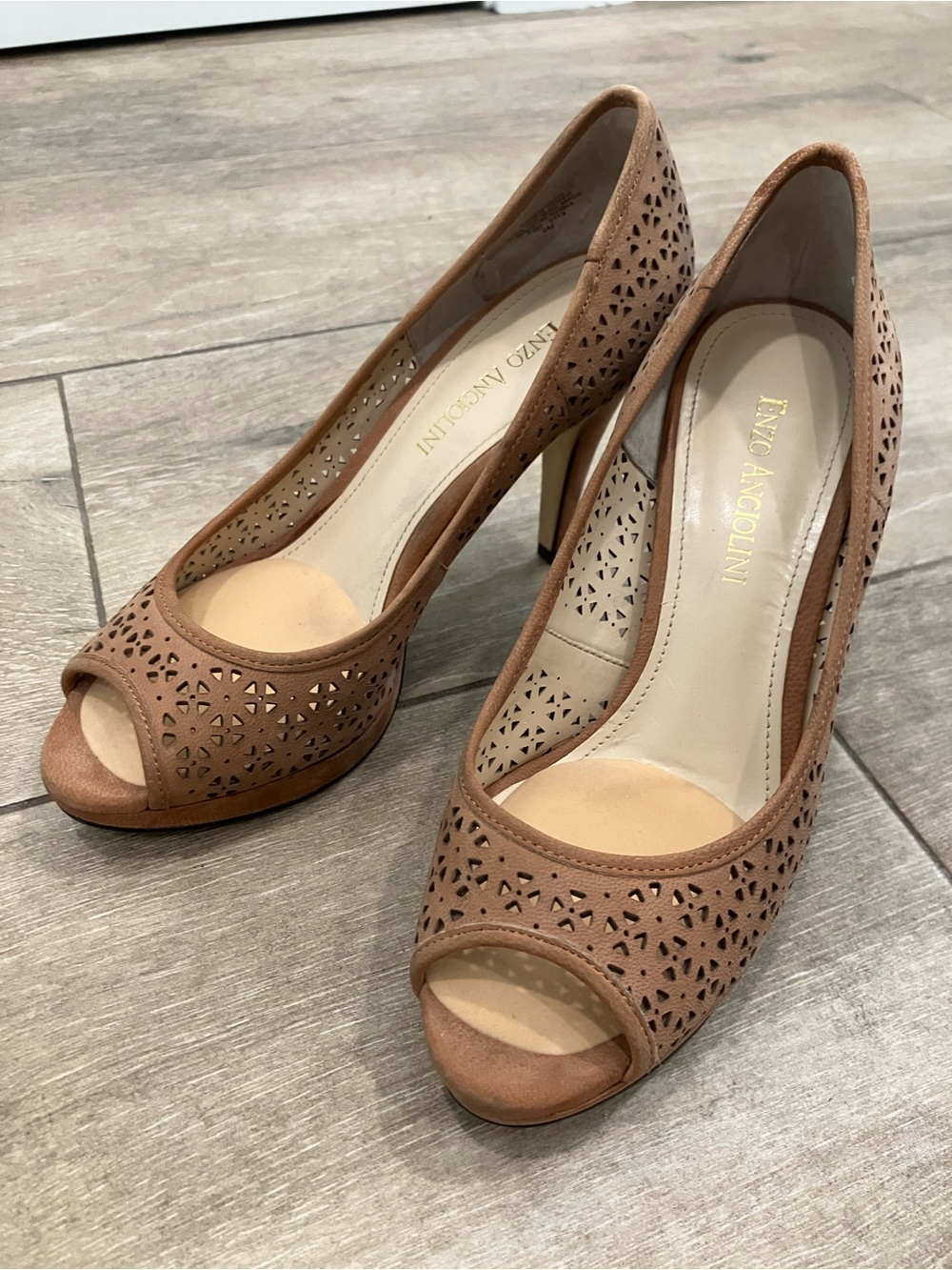 Enzo Angiolini Cognac Laser-Cut Peep Toe Heels